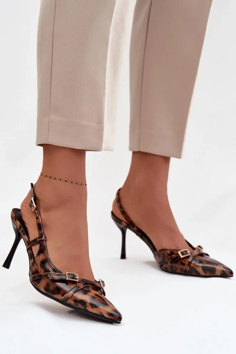 Boto Czółenka Z Odkrytą Piętą I Paseczkami Panterka Brązowe Ravira Brązowy