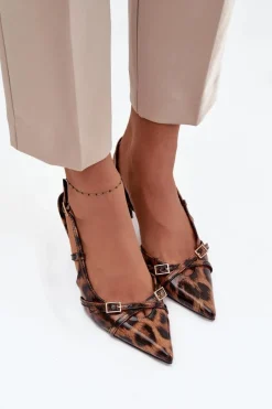 Boto Czółenka Z Odkrytą Piętą I Paseczkami Panterka Brązowe Ravira Brązowy