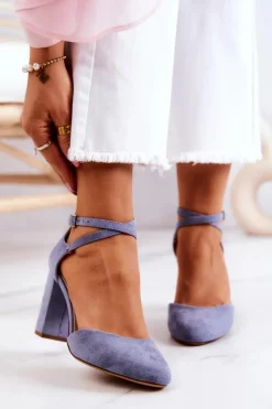 Outlet Czółenka Zamszowe Na Słupku Sergio Leone SK851 Niebieskie Damskie Czółenka Zamszowe|Czółenka Na Słupku