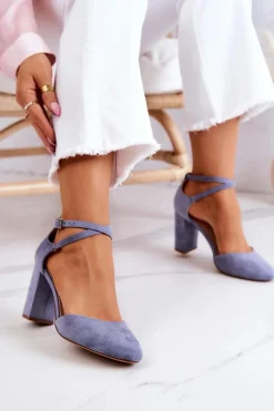 Outlet Czółenka Zamszowe Na Słupku Sergio Leone SK851 Niebieskie Damskie Czółenka Zamszowe|Czółenka Na Słupku