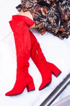 Sale Boto Czerwone Damskie Kozaki Zamszowe Za Kolano Feluni