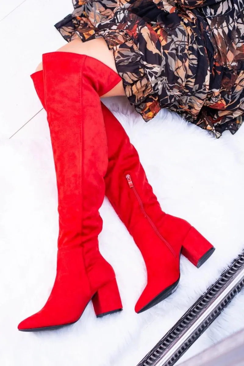 Sale Boto Czerwone Damskie Kozaki Zamszowe Za Kolano Feluni