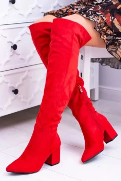 Sale Boto Czerwone Damskie Kozaki Zamszowe Za Kolano Feluni