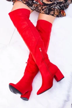 Sale Boto Czerwone Damskie Kozaki Zamszowe Za Kolano Feluni