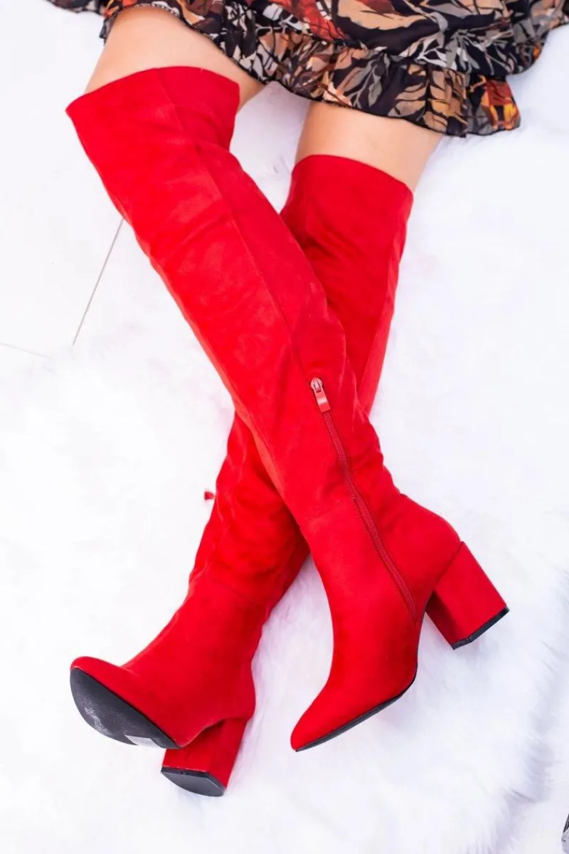 Sale Boto Czerwone Damskie Kozaki Zamszowe Za Kolano Feluni