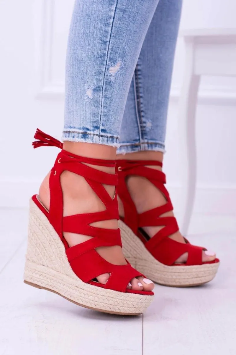 Discount Boto Czerwone Zamszowe Sandały Na Koturnie Nowelio