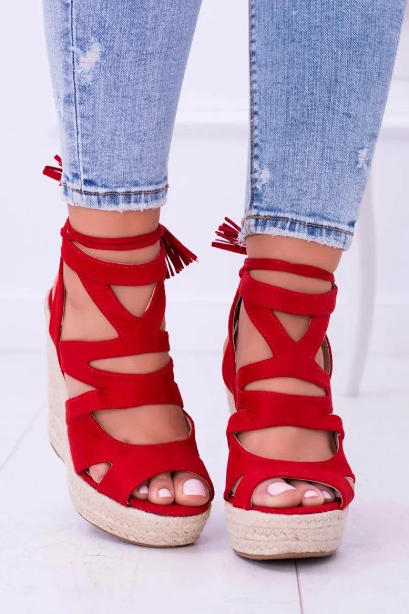 Discount Boto Czerwone Zamszowe Sandały Na Koturnie Nowelio