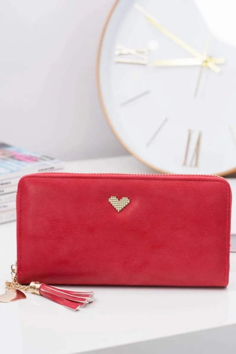 Portfele>Boto Czerwony Damski Duży Portfel Brelok Złote Serce