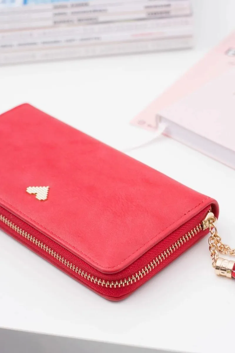 Portfele>Boto Czerwony Damski Duży Portfel Brelok Złote Serce