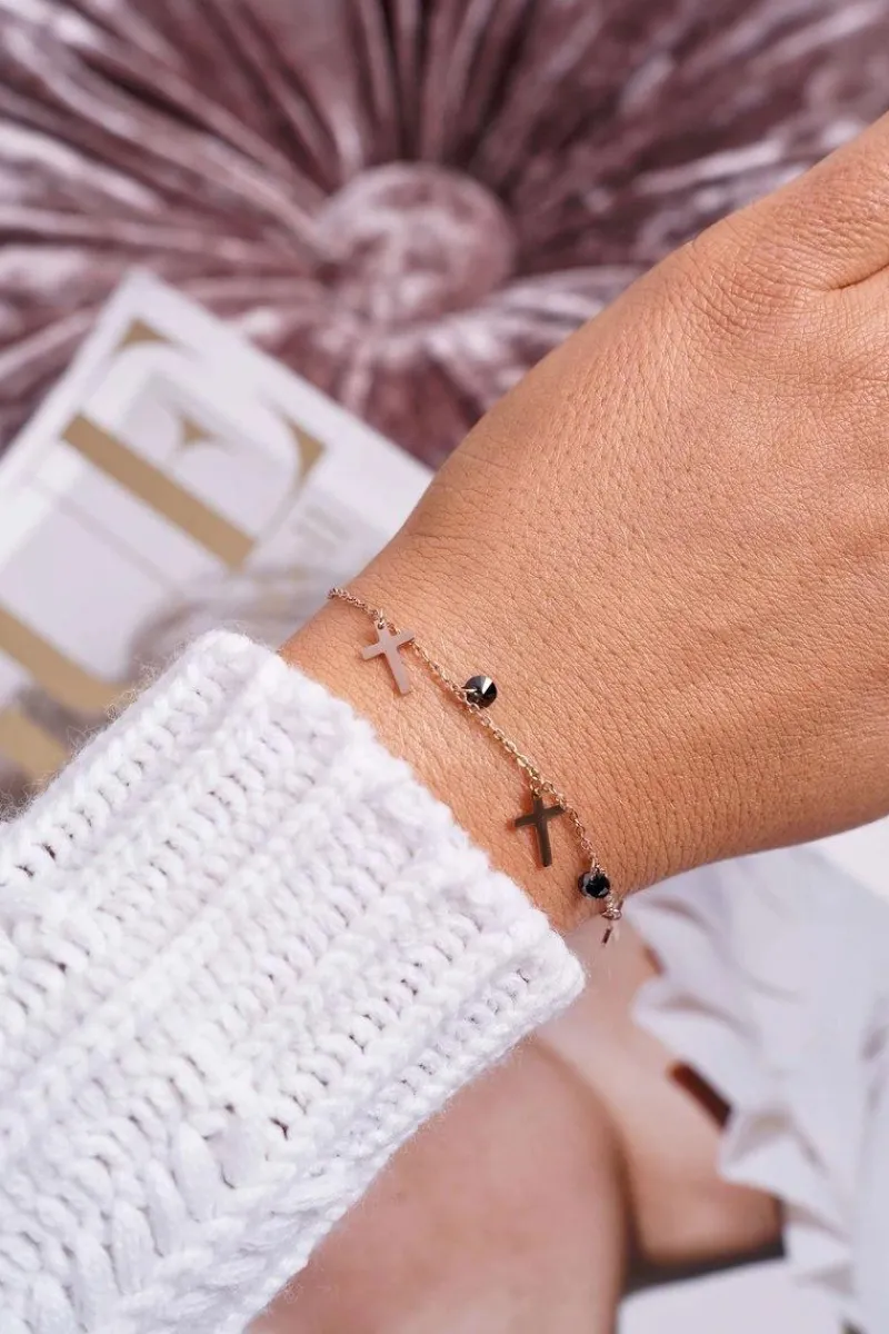 Boto Damska Bransoleta Celebrytka Różowe Złoto Trzy Krzyżyki