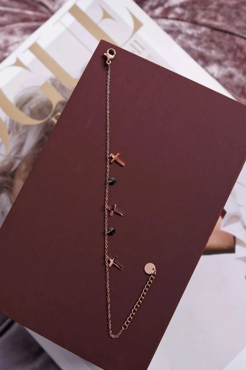 Boto Damska Bransoleta Celebrytka Różowe Złoto Trzy Krzyżyki