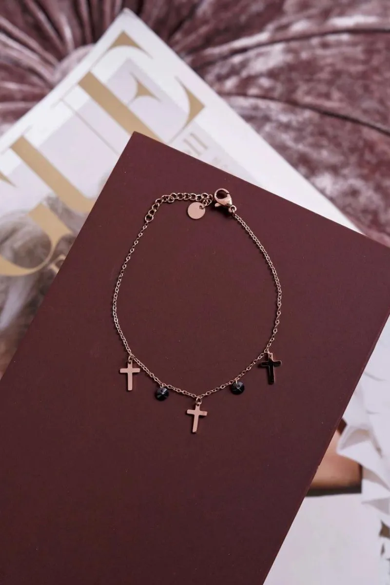 Boto Damska Bransoleta Celebrytka Różowe Złoto Trzy Krzyżyki