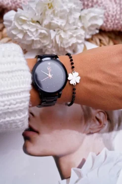 Outlet Boto Damska Bransoleta Na Łańcuszku Srebrna Czarne Koraliki Koniczyna Chaser