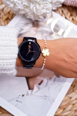 Outlet Damska Bransoleta Na Łańcuszku Złota Białe Koraliki Koniczyna Chaser Bransoletki