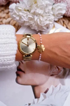 Damska Bransoleta Na Łańcuszku Złota Różowe Koraliki Koniczyna Chaser Bransoletki