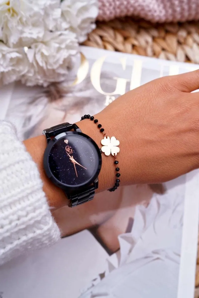 Bransoletki>Boto Damska Bransoleta Na Łańcuszku Różowe Złoto Czarne Koraliki Koniczyna Chaser