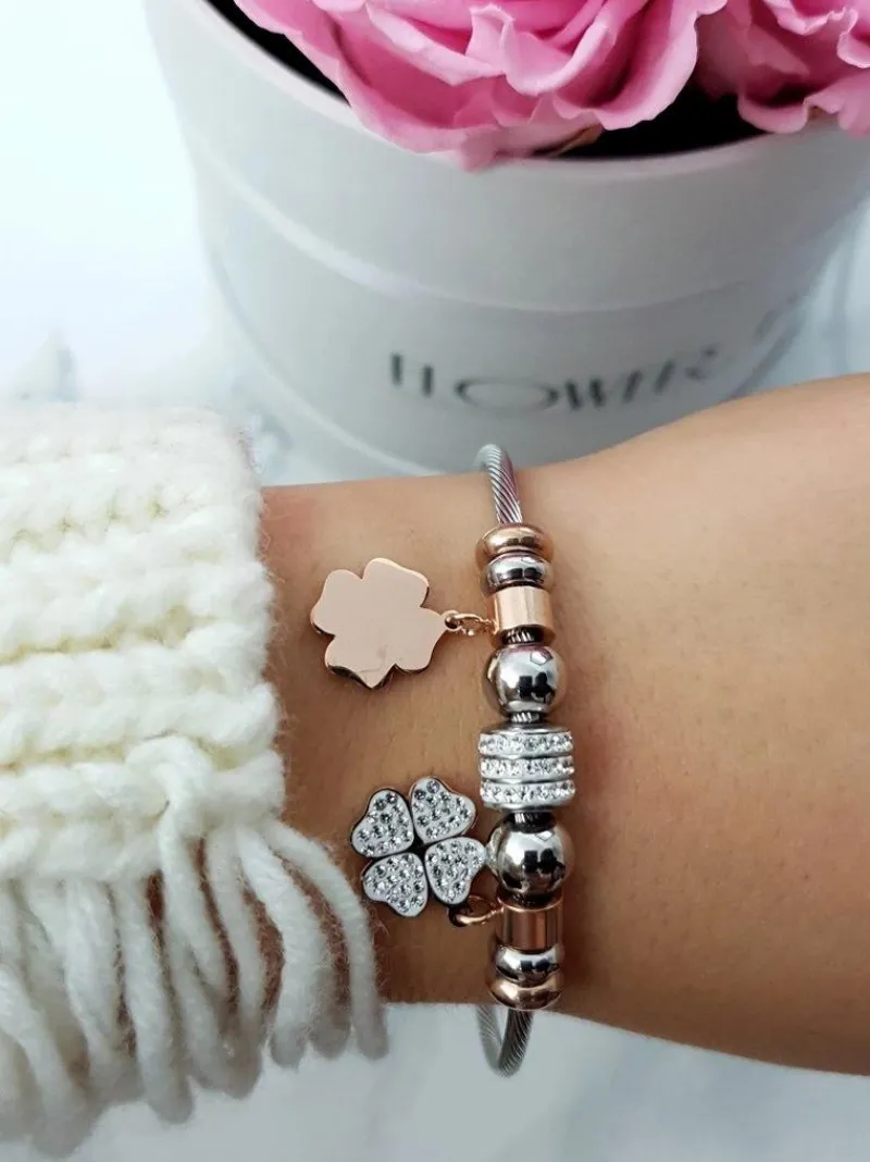 Best Damska Bransoleta Na Lince Zawieszki Koniczynki Różowe Złoto Charms Bransoletki