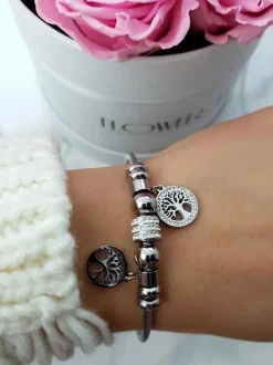 Bransoletki>Boto Damska Bransoleta Na Stalowej Lince Ze Srebrnymi Zawieszkami Charms