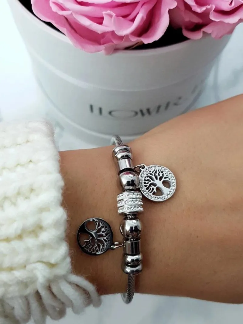 Bransoletki>Boto Damska Bransoleta Na Stalowej Lince Ze Srebrnymi Zawieszkami Charms