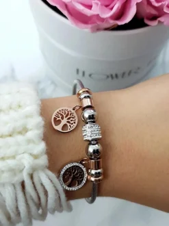 Online Damska Bransoleta Na Stalowej Lince Z Zawieszkami Różowe Złoto Charms Bransoletki