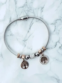 Online Damska Bransoleta Na Stalowej Lince Z Zawieszkami Różowe Złoto Charms Bransoletki