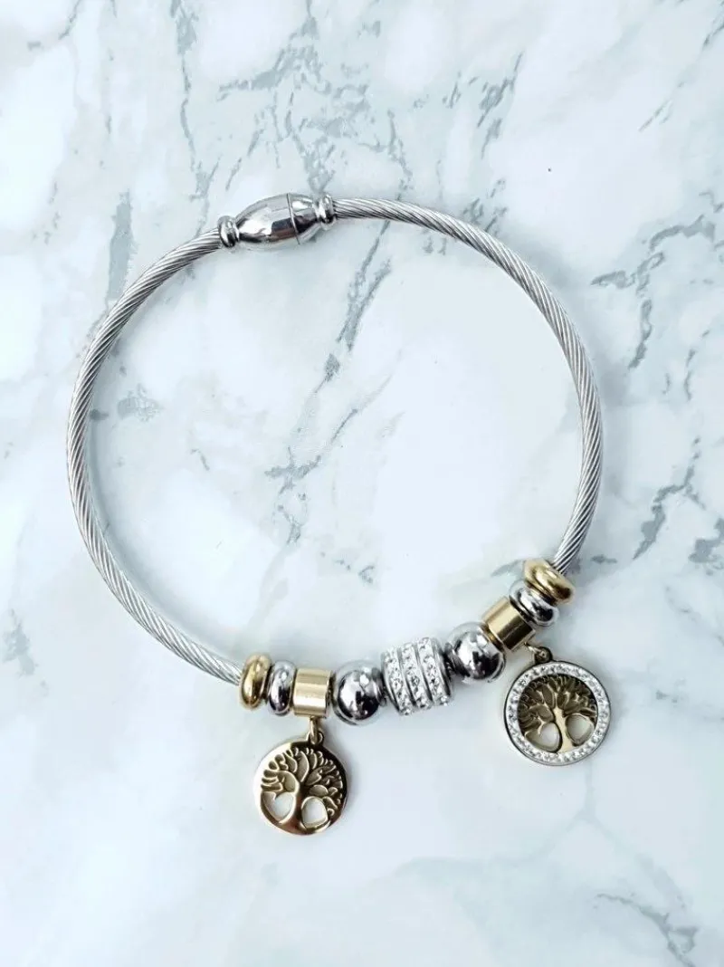 Best Boto Damska Bransoleta Na Stalowej Lince Ze Złotymi Zawieszkami Charms