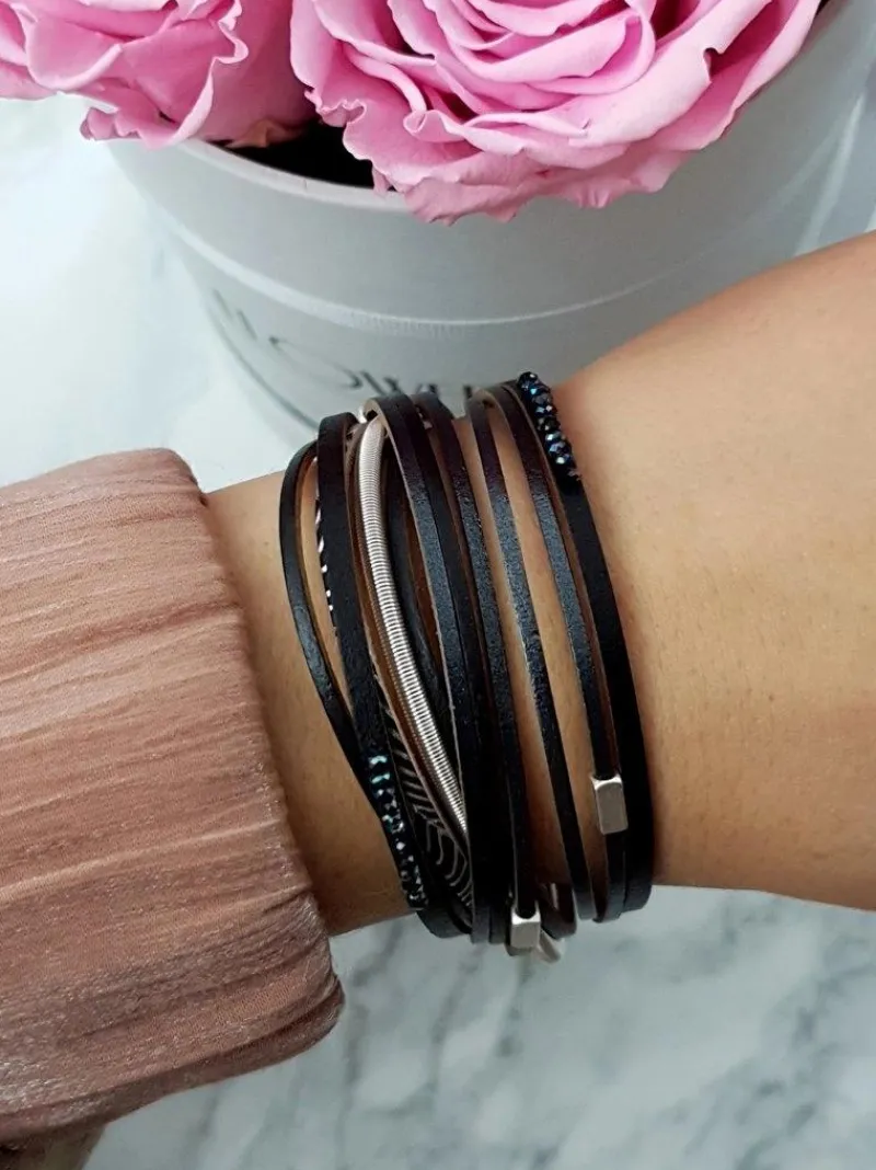 Best Damska Bransoleta Rzemień Szeroka Czarna Kryształki Michiko Bransoletki