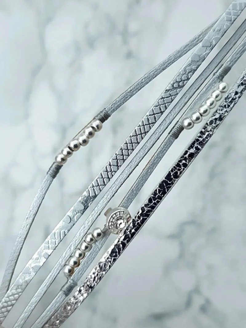 Discount Damska Bransoleta Rzemień Srebrna Koraliki Michiko Bransoletki