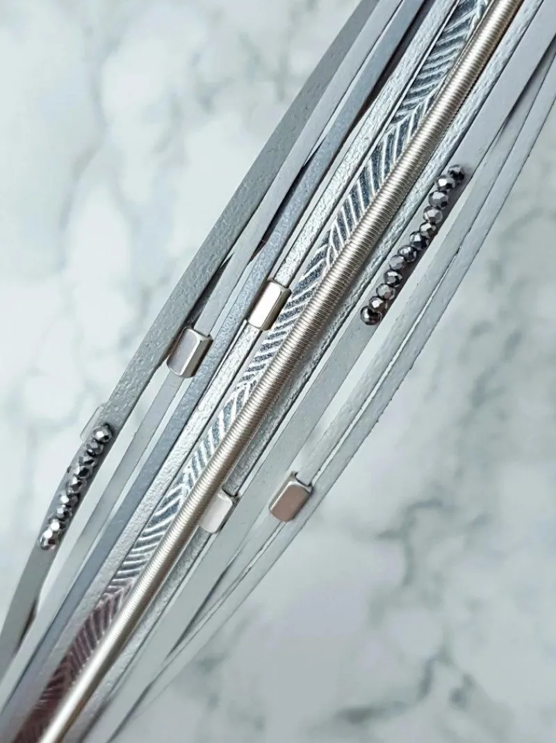 Best Boto Damska Bransoleta Rzemień Szeroka Szara Kryształki Michiko