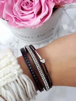 Discount Damska Bransoleta Rzemień Cyrkonie Czarna Michiko Bransoletki