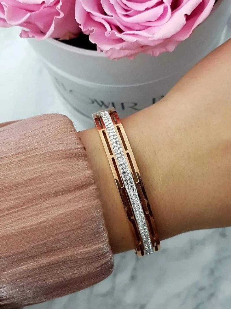 Best Damska Bransoleta Stalowa Z Cyrkoniami Różowe Złoto Verne Bransoletki