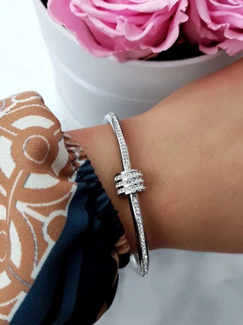 Best Damska Bransoleta Stalowa Z Cyrkoniami Srebrna Ferni Bransoletki