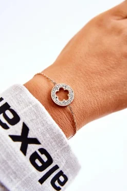 Damska Bransoletka Celebrytka Kwiat I Cyrkonie Różowe Złoto Bransoletki