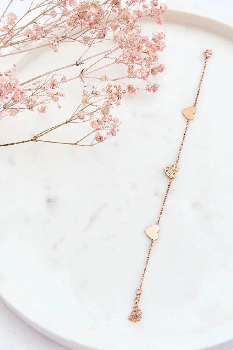 Hot Damska Bransoletka Celebrytka 3 Serca Różowe Złoto Bransoletki