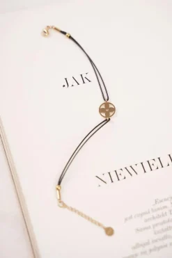 Damska Bransoletka Czarny Sznurek Celebrytka Złota Koniczynka Clara Bransoletki