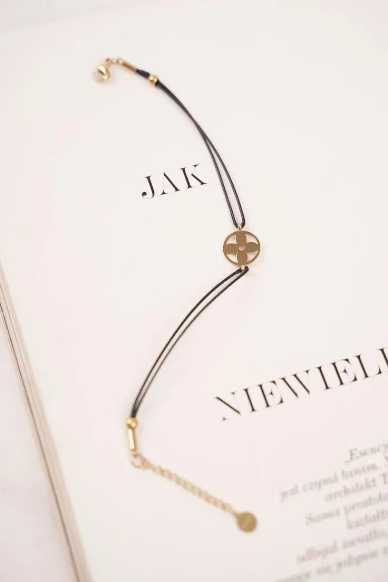 Damska Bransoletka Czarny Sznurek Celebrytka Złota Koniczynka Clara Bransoletki