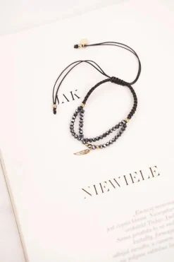 Outlet Boto Damska Bransoletka Czarny Sznurek Celebrytka Złota Pióro Clementina