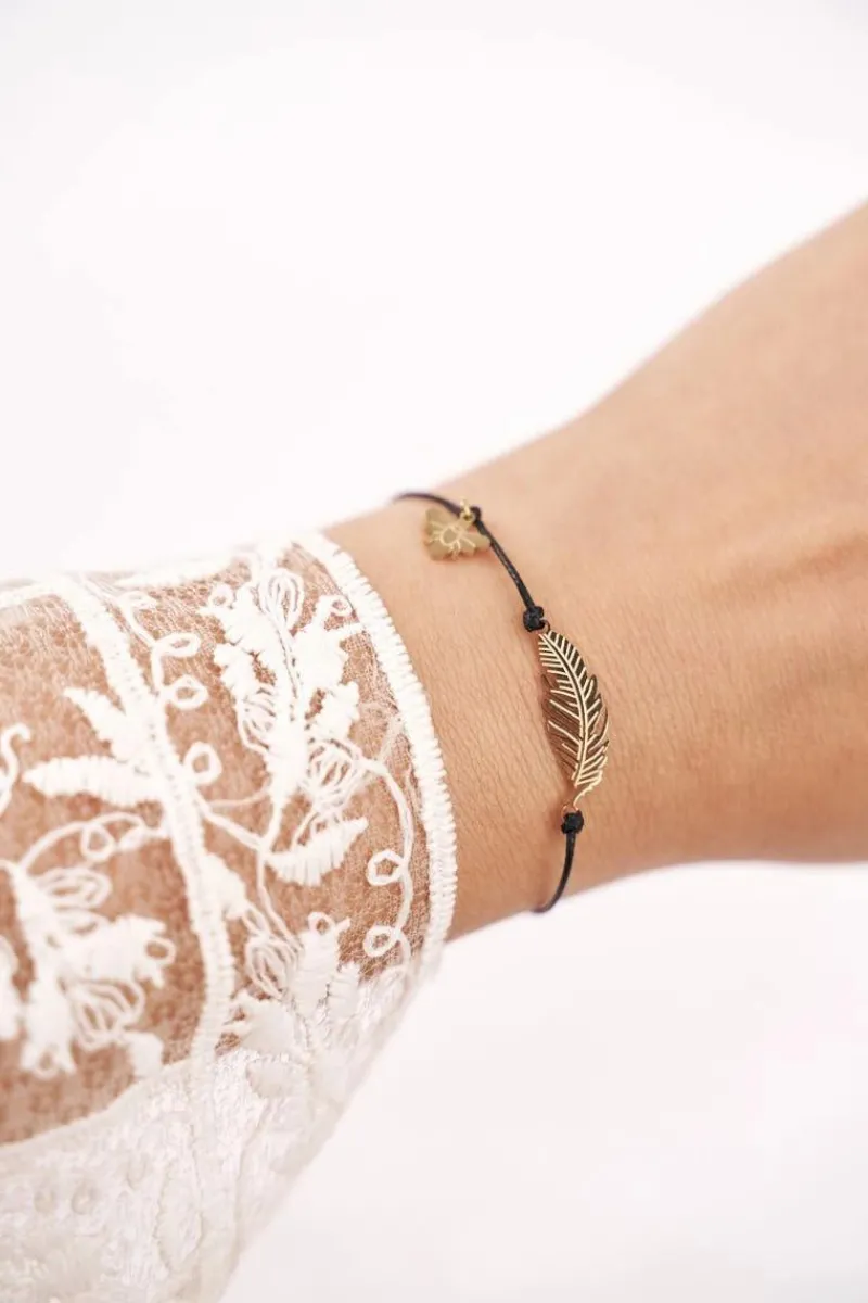 Best Damska Bransoletka Czarny Sznurek Celebrytka Złota Pióro Cleopatra Bransoletki