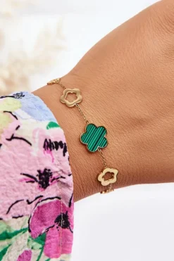 Glam Chic Damska Bransoletka Zawieszki Kwiaty Złoto-Zielona