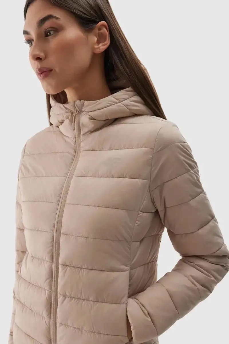 Kurtki Damskie|Odzież 4F>4F Damska Kurtka Puchowa Z Kapturem WAW24TDJAF468-83S Beżowa