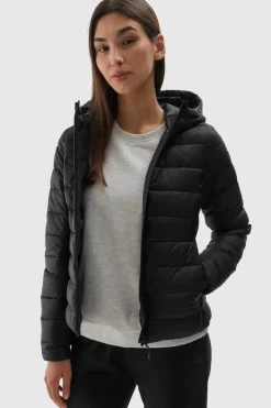 Online Damska Kurtka Puchowa Z Kapturem WAW24TDJAF468-20S Czarna Damskie Kurtki Damskie|Odzież 4F