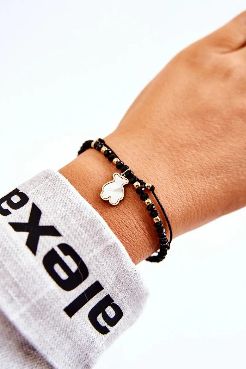Hot Boto Damska Podwójna Bransoletka Z Koralikami Miś Czarno-Złota