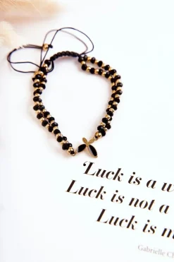 Damska Podwójna Bransoletka Z Koralikami Czarno-Złota Motyl Bransoletki