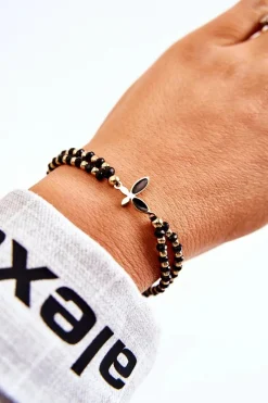 Damska Podwójna Bransoletka Z Koralikami Czarno-Złota Motyl Bransoletki