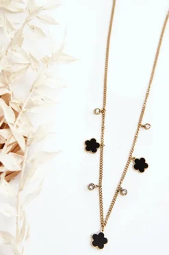 Discount Damski Łańcuszek Pancerka Z Czarnymi Kwiatami Złoty Naszyjniki