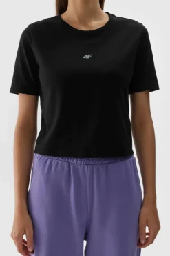 Sale 4F Damski Bawełniany T-shirt Slim Cropped WAW24TTSHF1701-20S Czarna