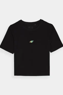 Sale 4F Damski Bawełniany T-shirt Slim Cropped WAW24TTSHF1701-20S Czarna