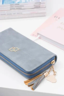 New Damski Błękitny Duży Portfel z Frędzlem Brelok Portfele