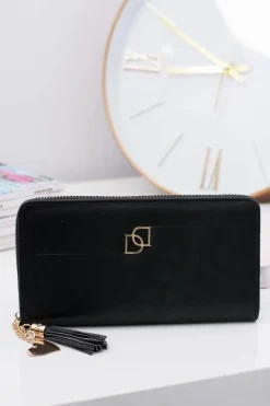 Boto Damski Czarny Duży Portfel z Frędzlem Brelok