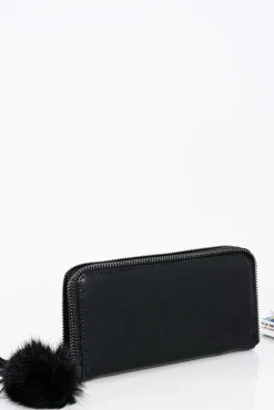 New Boto Damski Duży Portfel Ozdobny Zamek Brelok Pompon Czarny